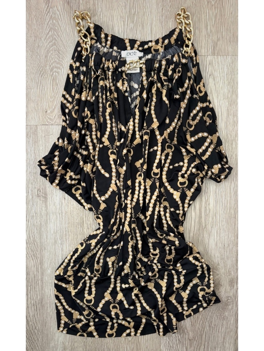 Elegant Cache Black and Gold Chain Print Top with Chain Strap Detail #maximalist